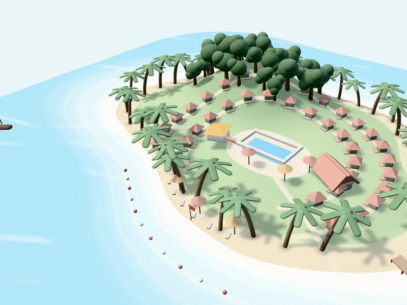 Sa bàn đất sét nhìn gần hồ bơi xanh đậm giữa hai vòng cung mái villa màu san hô, câu lạc bộ bé mái vàng cạnh hồ