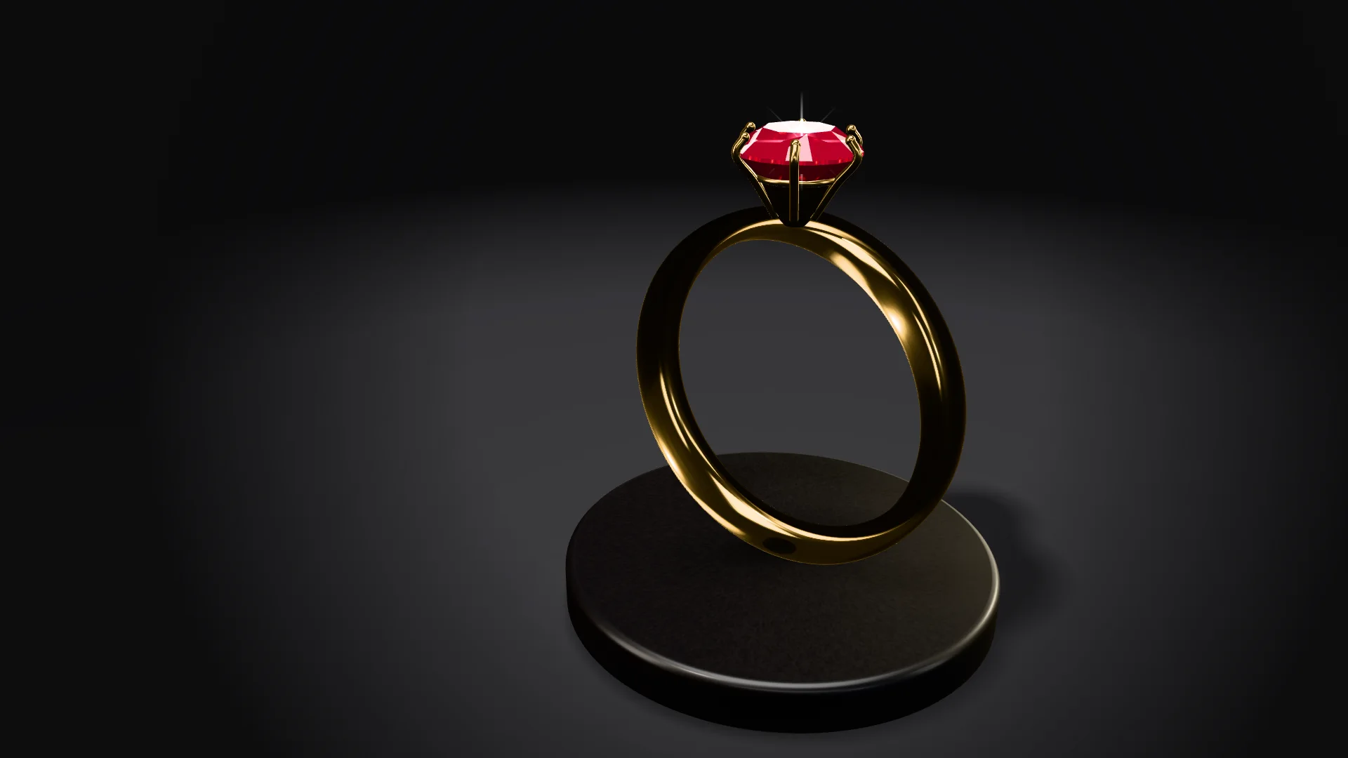 Nhẫn vàng 18K gắn viên ruby đỏ thẫm bằng sáu chấu, dựng đứng trên bệ nhung đen, đèn rọi hẹp từ trên làm đá lấp lánh